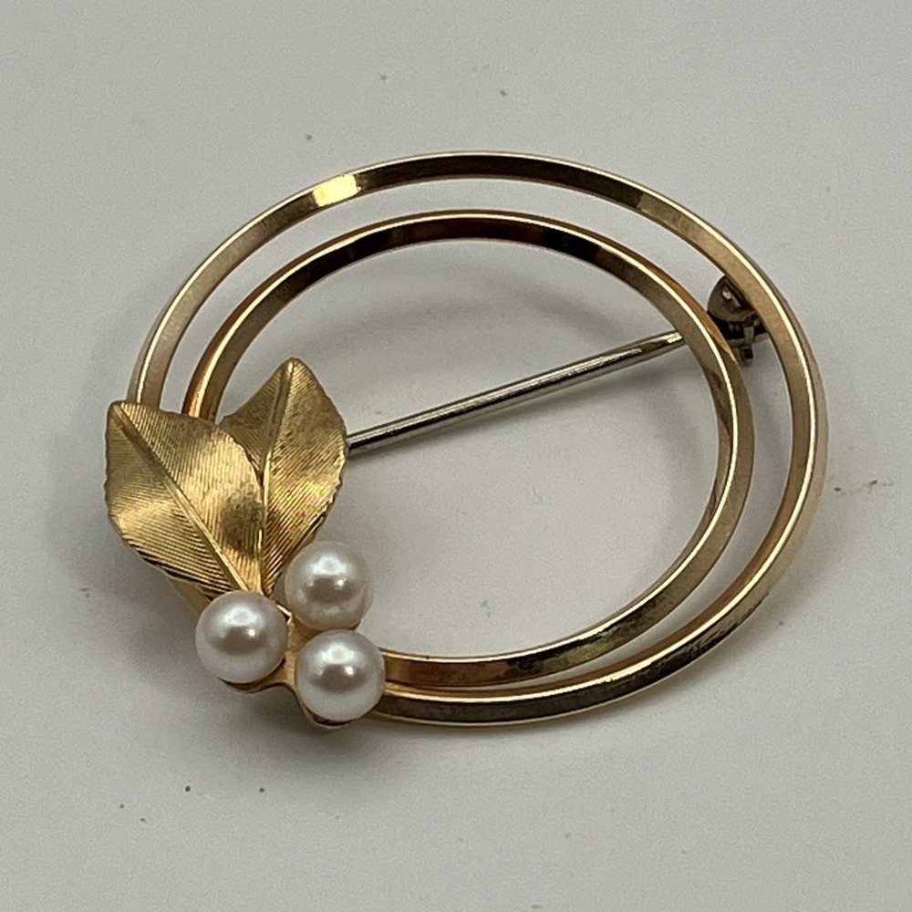 Vintage Signed‎ Krementz Gold Overlay Pearl Double Leaf Wreath Brooch Pin